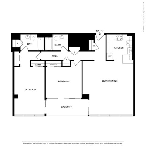 Floor plan for 2 beds, 2 baths